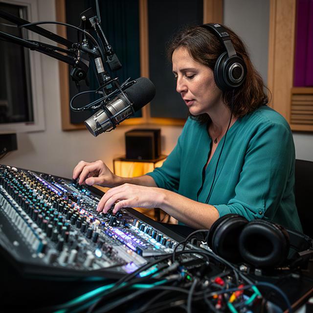 Productora de sonido ajustando una consola profesional en un estudio vasco