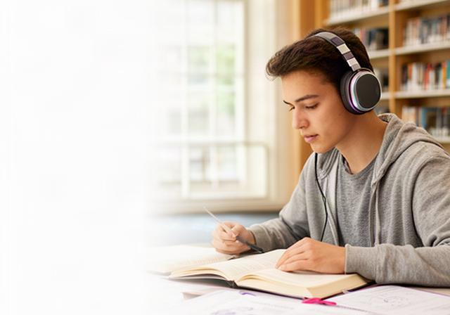 Estudiante con auriculares y apuntes de economía en una biblioteca universitaria luminosa