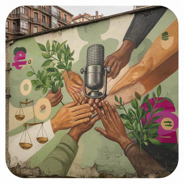 Mural colaborativo en Bilbao con manos, plantas y símbolos de igualdad junto a un micrófono de podcast