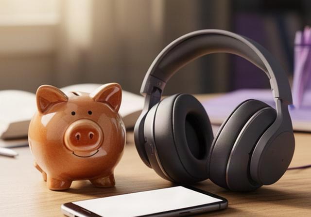 Hucha de cerámica junto a un teléfono móvil con auriculares sobre una mesa cálida de estudio